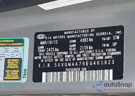 2015 Kia Optima Lx из США, поврежденный, VIN 5XXGM4A79FG461923